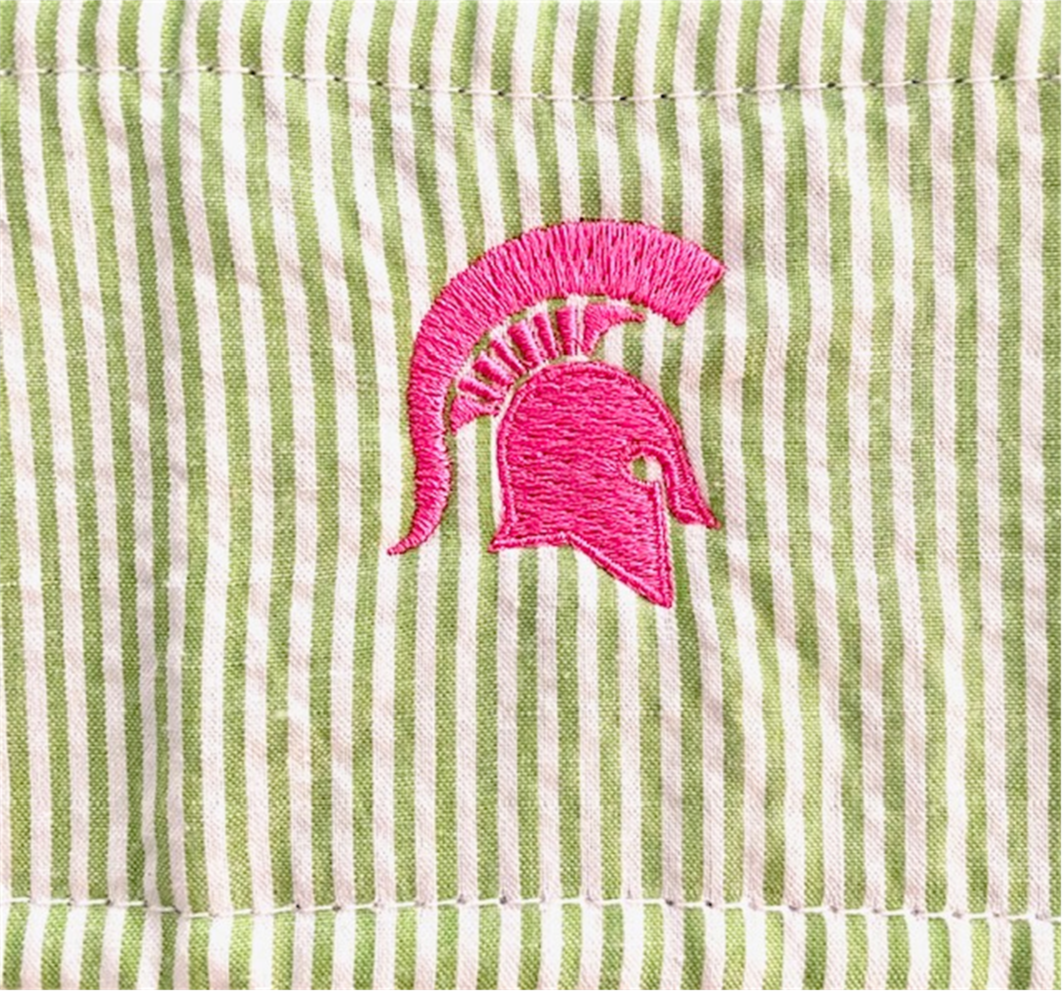 Seersucker Striped Coozie with Pink Spartan Head